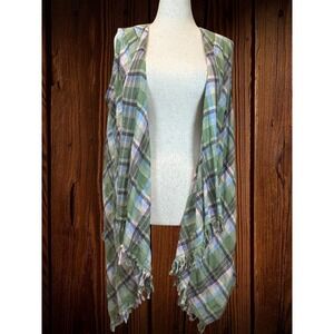 Easel Crinkle Pastel Plaid Waterfall Duster Vest Open Front Frayed Hem Size L